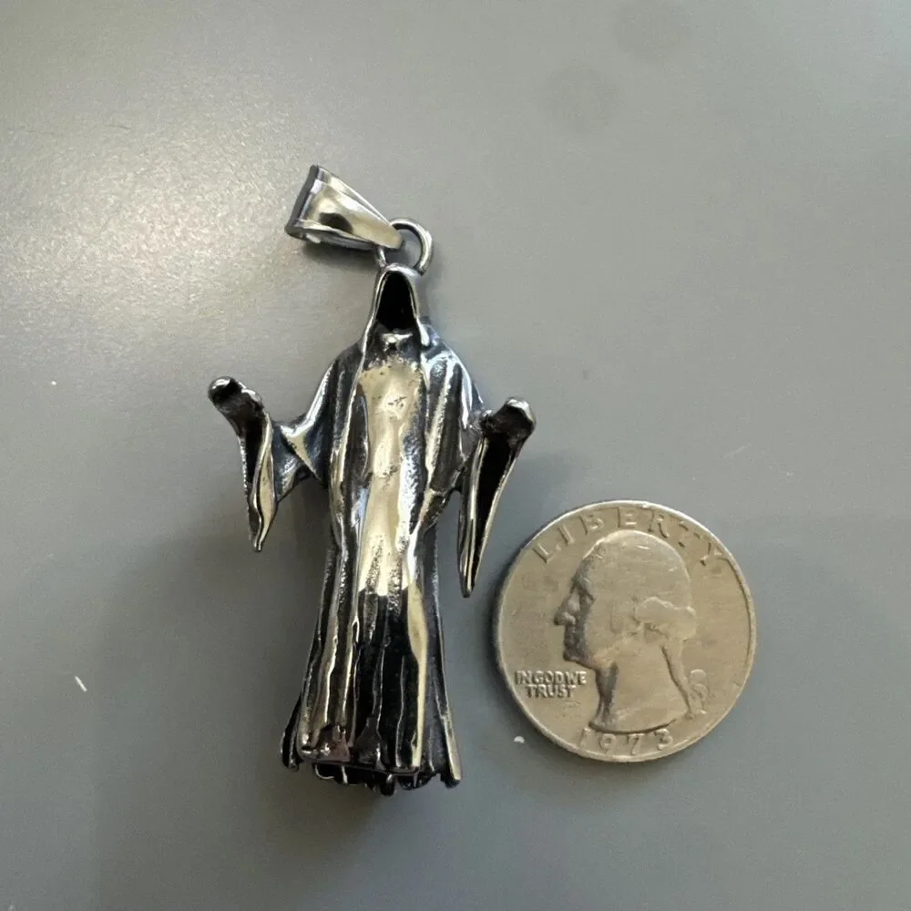 Grim Reaper Pendant Dark Metal Tone Stainless Steel 24” Chain Gothic Punk Monk